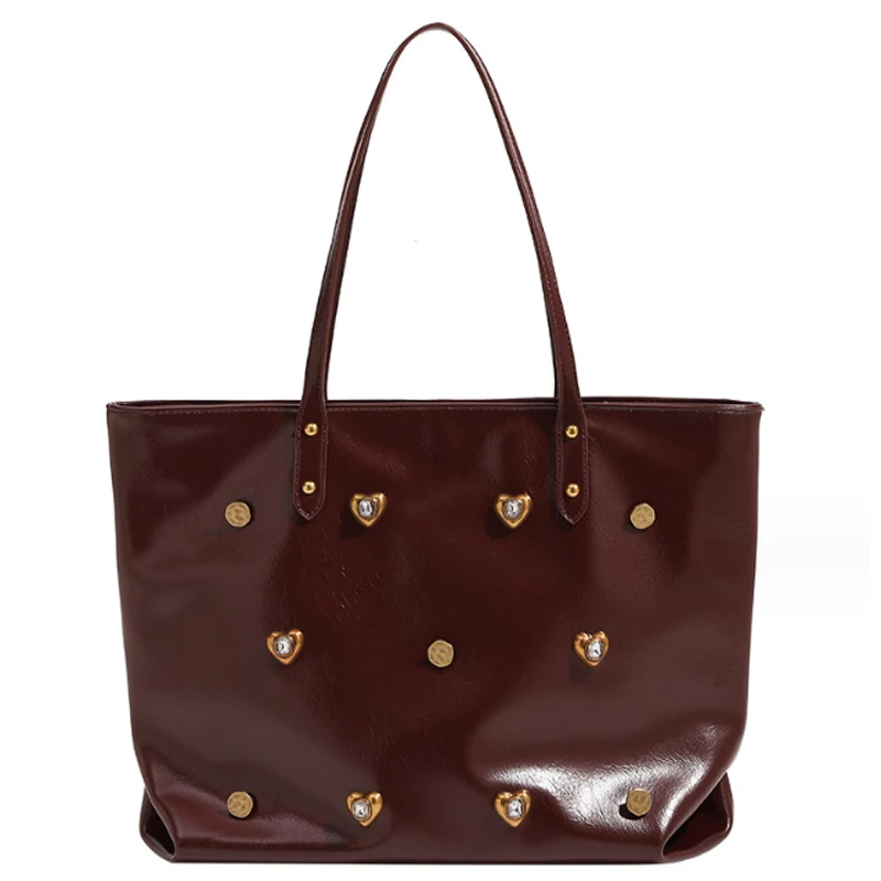 

Large capacity rivet studded diamond women bag commuting tote bag new oil wax leather handbag single shoulder underarm bag