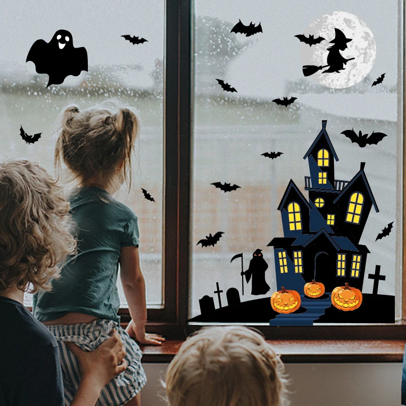 

2023 Наклейка на стену в стиле Хэллоуин, тыква, летучая мышь, призрак, наклейка на окно с черепом, Настенная роспись, товары для вечеринки «сделай сам»