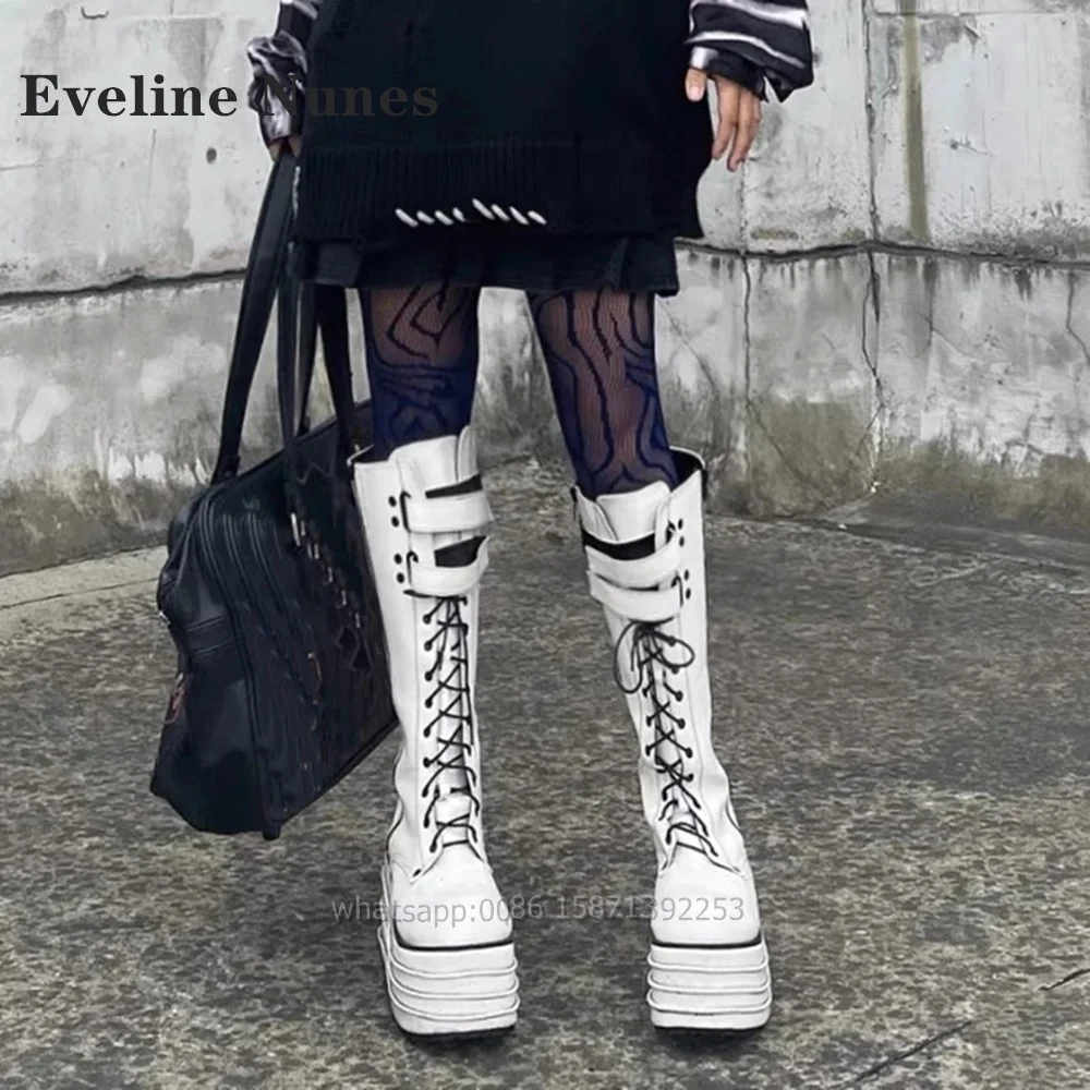 

Cross Tied Platform Motorcycle Boots Round Toe Height Increasing Patchwork Zip Buckle Strap Lady Booty Sewing Punk Shoes Spring