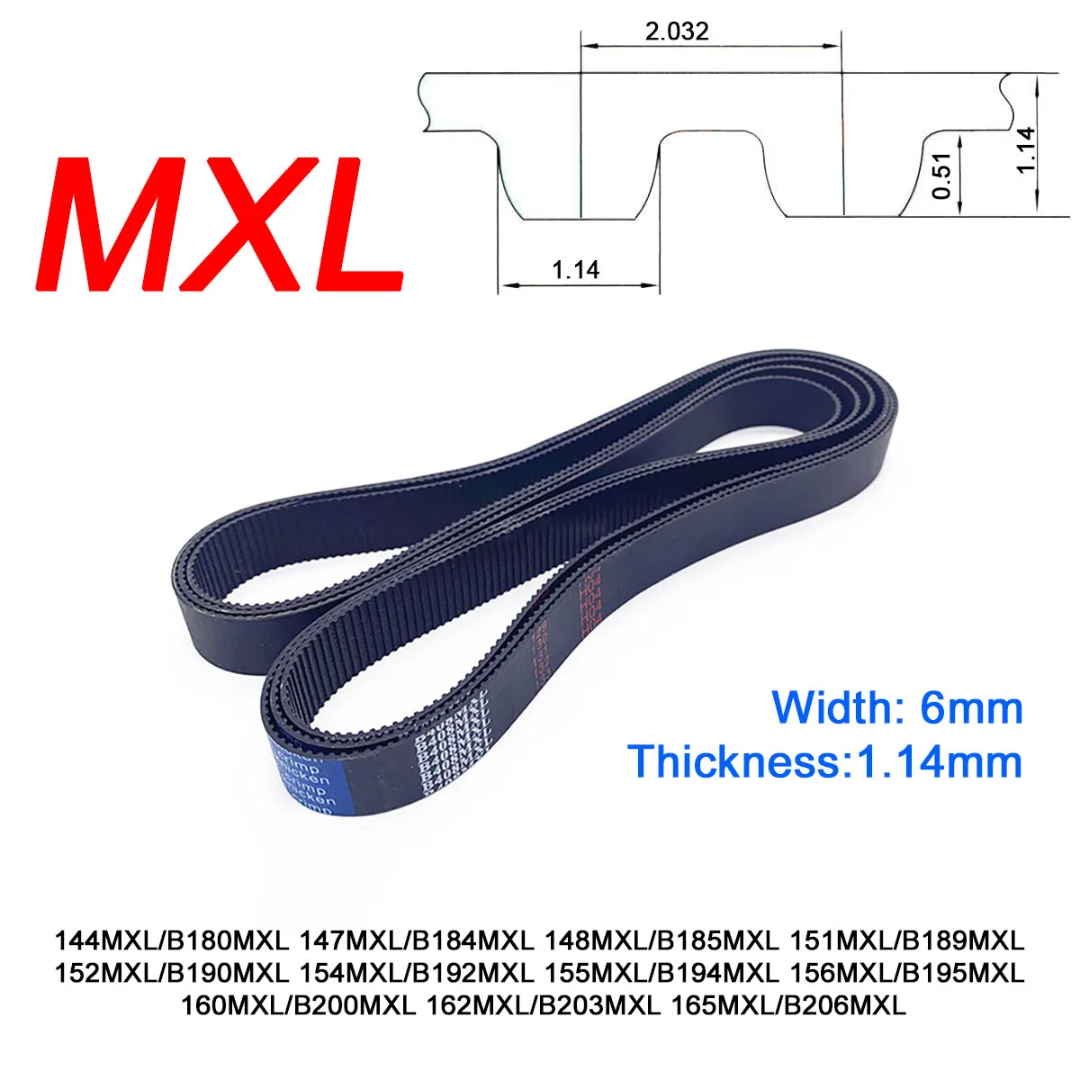 1Pc Width 6mm MXL Rubber Trapezoid Tooth Timing Belt Pitch Length 144/147/148/151/152/154/155/156/160/162/165 Inch Drive Belts
1Pc Width 6mm MXL Rubber Trapezoid Tooth Timing Belt Pitch Length 144/147/148/151/152/154/155/156/160/162/165 Inch Drive Belts