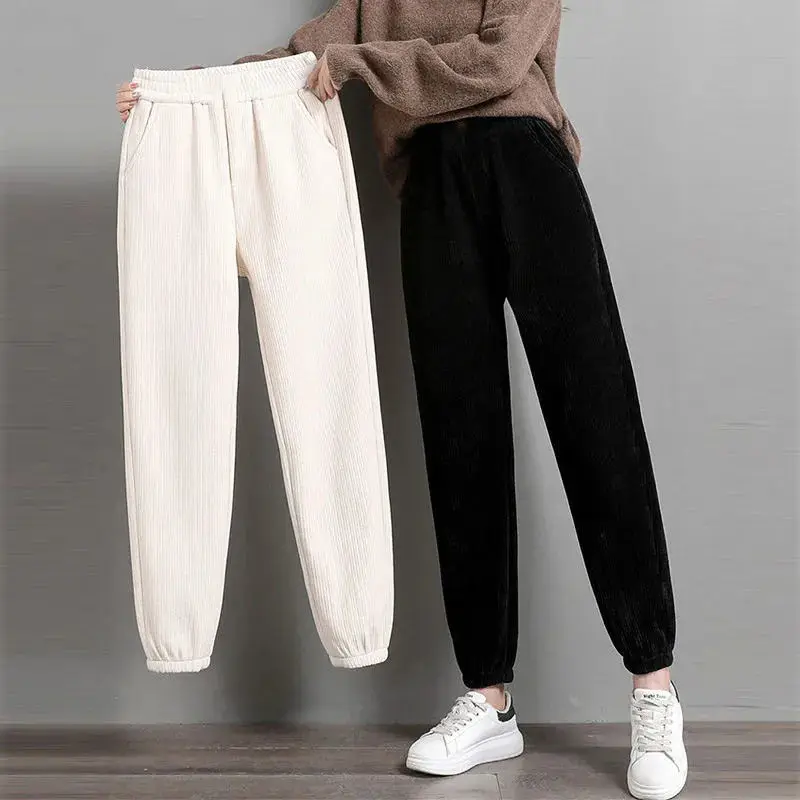 

Routine/plush Velvet and Thickening Korean Autumn Winter Loose All-match White Splicing Pockets Elastic Waist Sports Pants Trend