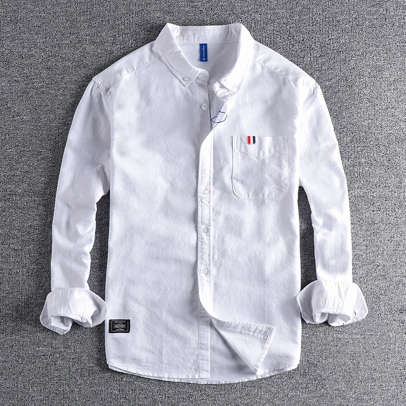 

washed Hong Kong Style Japanese Oxford long sleeved shirt men's solid color simple versatile top