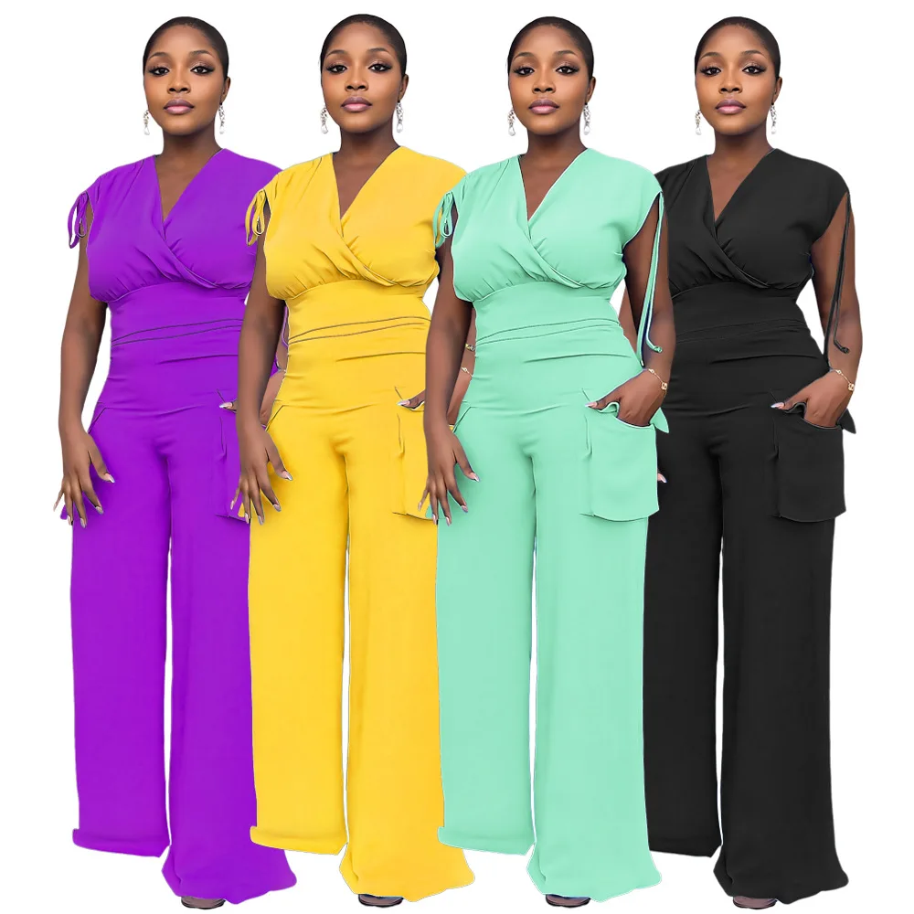 Two Piece Set Women Solid Sleeveless V-neck commuting Top Wide Leg Pants Two Piece Set 2024 Fashion Clothing
Two Piece Set Women Solid Sleeveless V-neck commuting Top Wide Leg Pants Two Piece Set 2024 Fashion Clothing