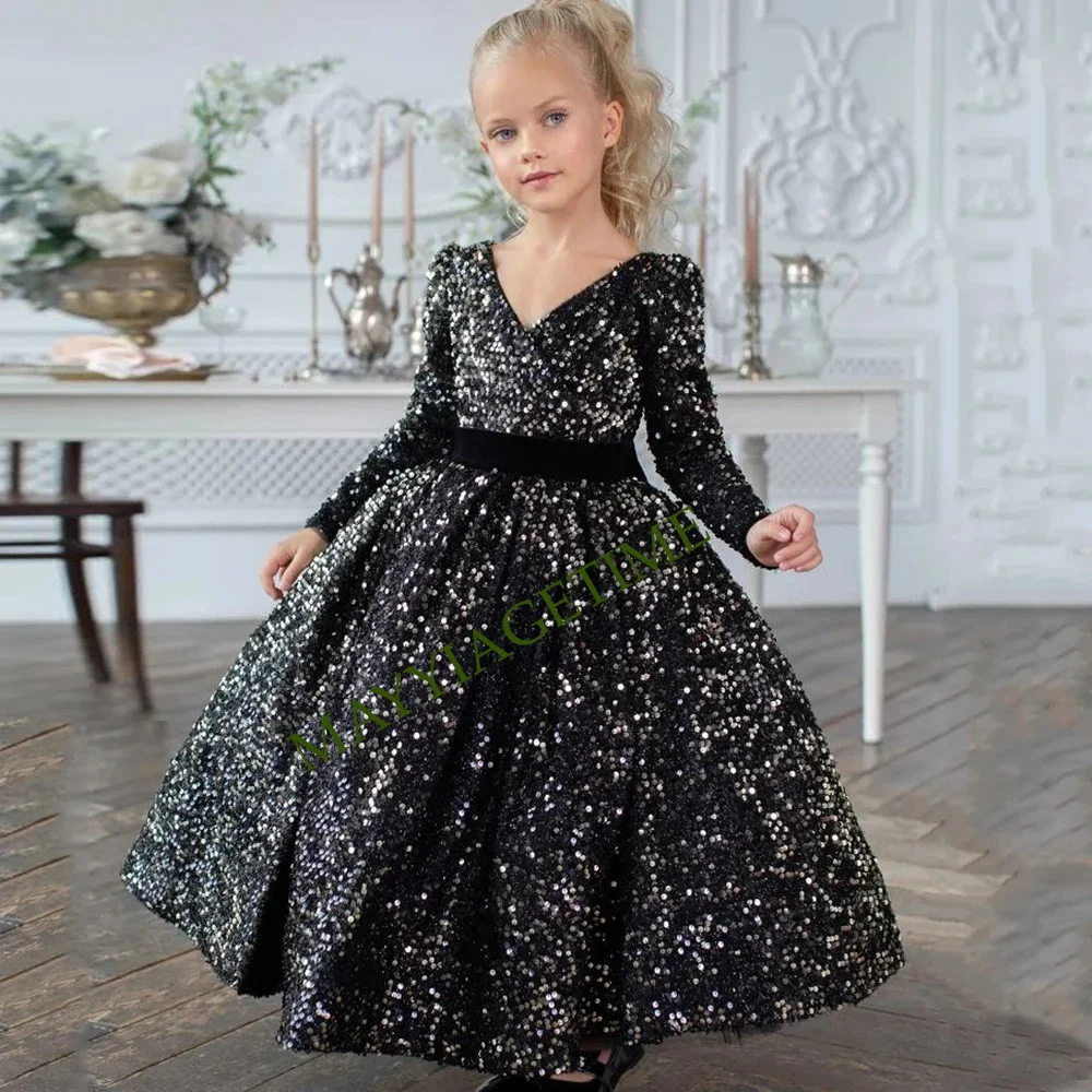 

Flower Girl Dress populer untuk anak-anak gaun gadis bunga Natal Puff panjang Sequin sabuk Velour hitam leher V lengan panjang