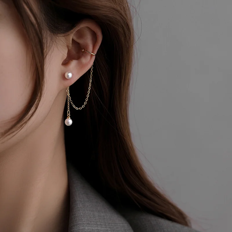 

1Pcs New Fashion Imitation Pearl Ear Clip Earring for Teens Women Simple Fake Cartilage Long Tassel Chain Ear Cuff Jewelry Gift