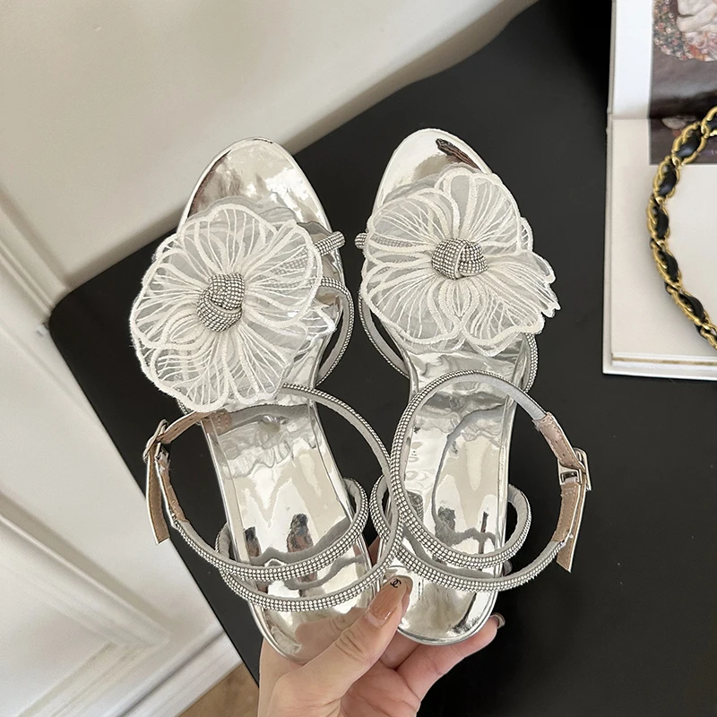 

ZOOKERLIN Peep Toe Lace Flower Women's Sandals Summer Buckles Stiletto Heels Silver Ladies Wedding Shoes Rhinestone Ankle Strap