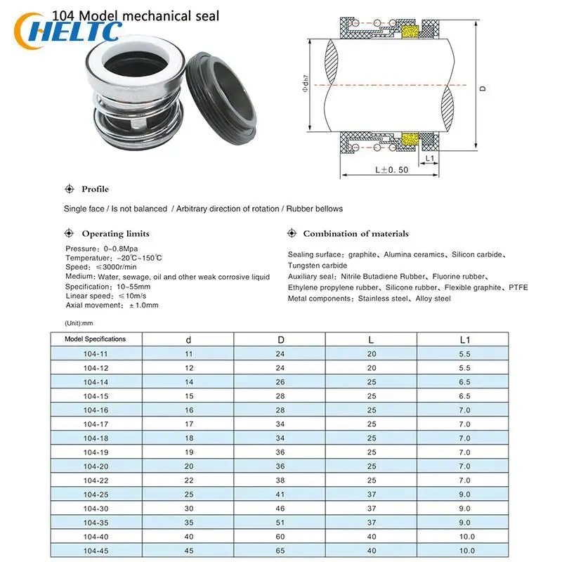 1Set 104-12/14/15/16/17/18/19/20/22/25/28/30/35/40mm Mechanical Shaft Seal Single Spring For Water Pump
1Set 104-12/14/15/16/17/18/19/20/22/25/28/30/35/40mm Mechanical Shaft Seal Single Spring For Water Pump