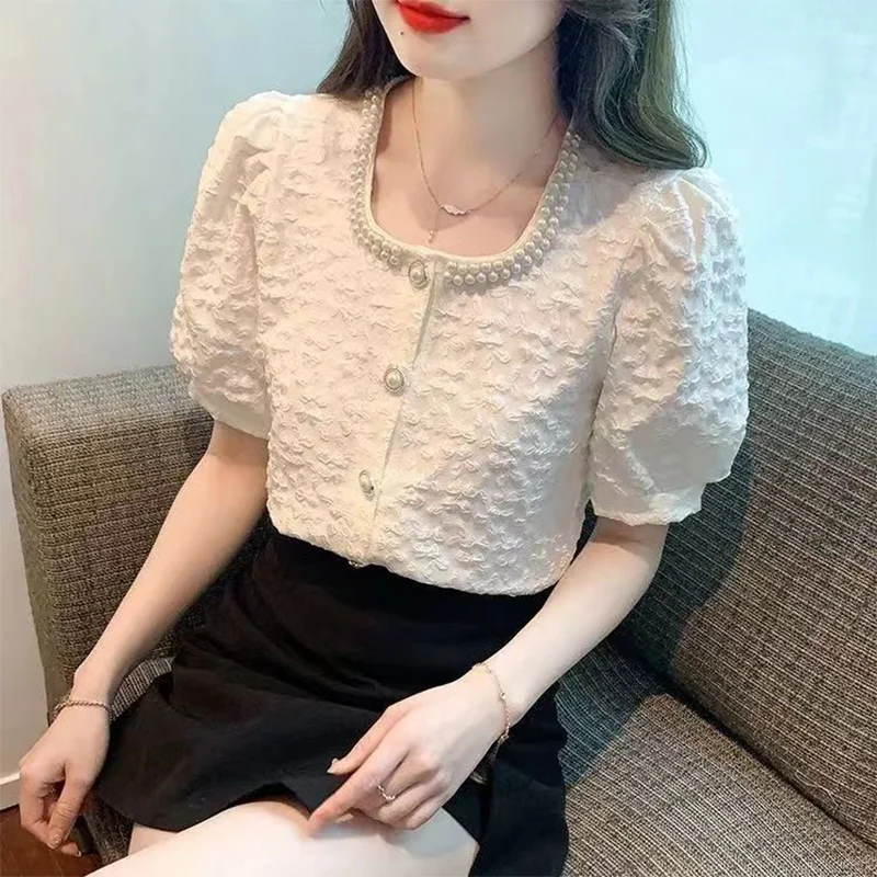 

Summer Square Collar Beading Folds Puff Short Sleeve Shirt Shirt Female Elegant Fashion Solid Color Cardigan Blouse Women's Top