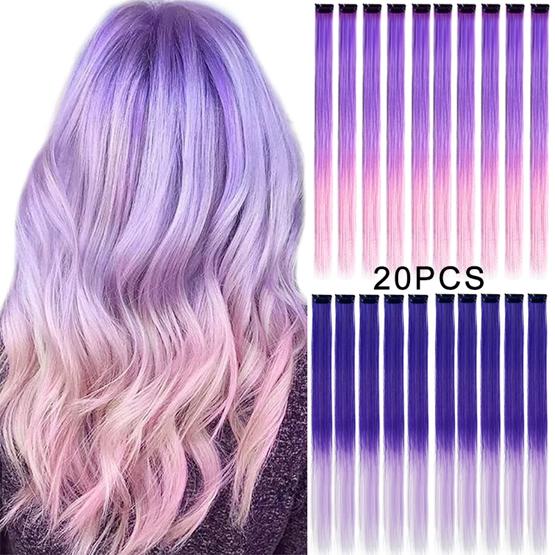 

20PCS Multi-colors Highlights Clip in Extensions for Girls 22 inchColored Long Rainbow Hair Synthetic Hair Extensions for Kids