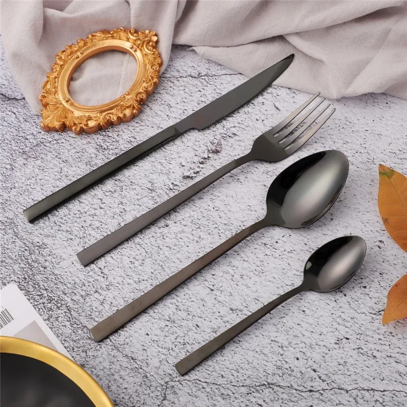 

Set Wedding Mirror Spoons Knives Tableware Black 24pcs Forks Cutlery Steel Dinnerware Stainless Luxury Kitchen