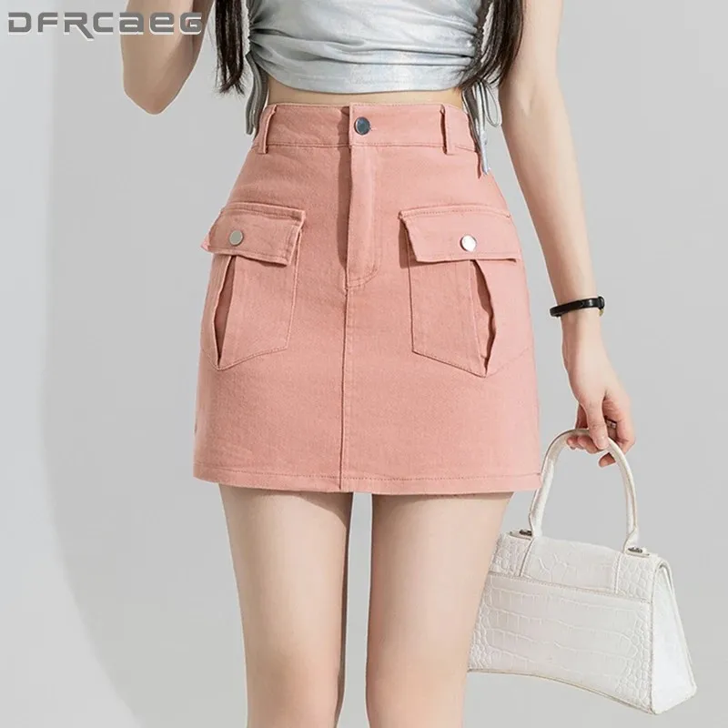 

Женская джинсовая мини-юбка с карманами, розовая короткая юбка-карандаш из денима с высокой талией в уличном стиле, Y2k, лето 2023