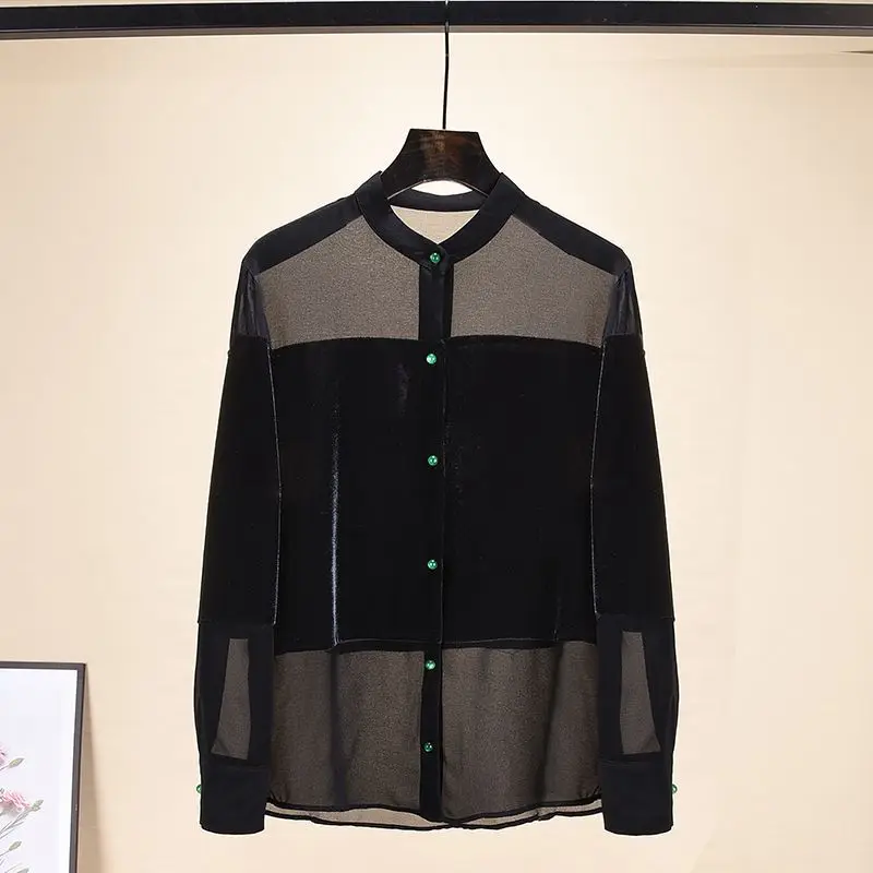 

Fashion Sexy Sheer Mesh Spliced Button Blouse Autumn Women's Clothing Round Neck Casual Long Sleeve Solid Color Female Shirt