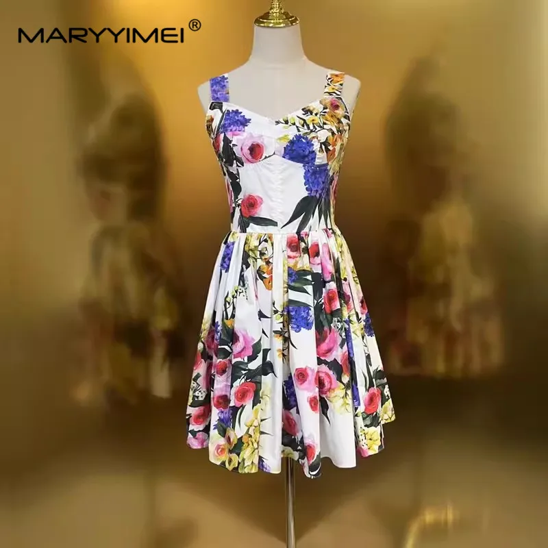 

MARYYIMEI New Fashion Runway Designer Women's Poplin Heart-Neck Halter Floral Closed Waist In Big Swing Sleeveless Printed Dress