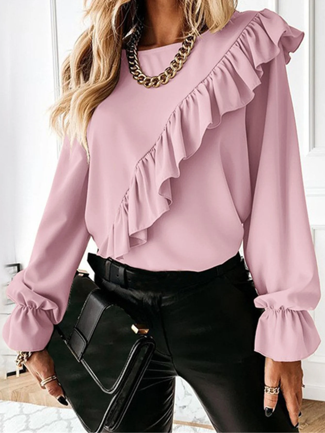 Women Long Sleeves Pink Blouses Shirts Fashion Pleated Embellished Shirt Females Clothes Elegant Coummuting O Neck Tops 2024
Women Long Sleeves Pink Blouses Shirts Fashion Pleated Embellished Shirt Females Clothes Elegant Coummuting O Neck Tops 2024