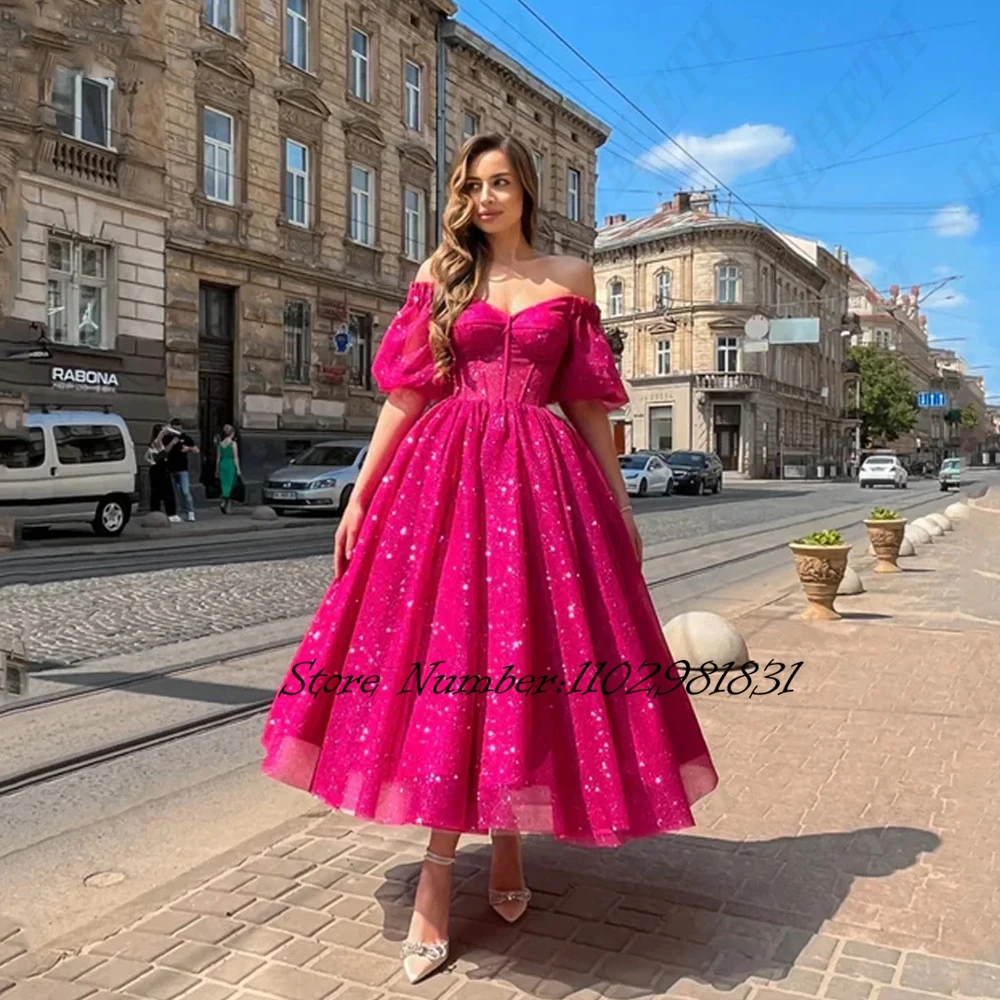 Modern Fuchsia Sweetheart Evening Dresses Puff Sleeves Ankle Length Prom Dress Shiny Tulle A-Line Saudi Arabia فستان حفلات الزفا
Modern Fuchsia Sweetheart Evening Dresses Puff Sleeves Ankle Length Prom Dress Shiny Tulle A-Line Saudi Arabia فستان حفلات الزفا