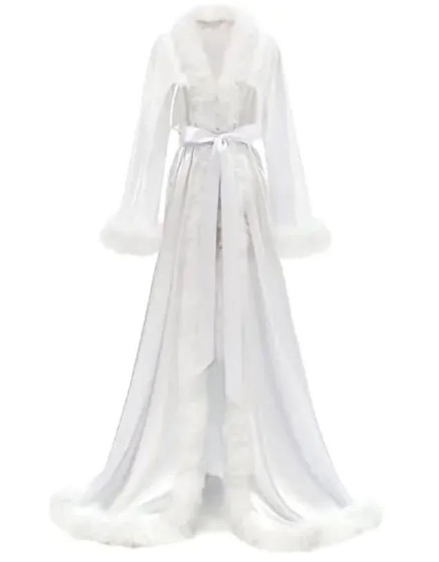 

Feather Blush Kimono Robe Boudoir Wedding Floor Length Maxi Dressing Gown Robes Bride to Be Hen Party Stain Silk Lingerie