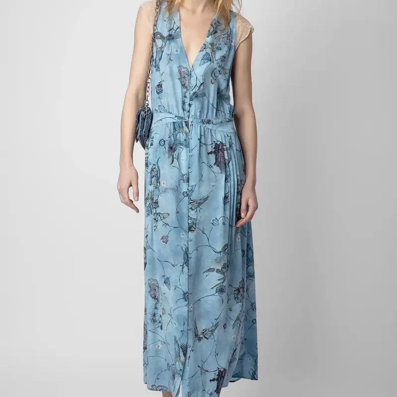 Women's Dress 2024 Summer New Design Sense Lace Short sleeved Deep V-neck Blue Short sleeved Silk Mid length Dress
Women's Dress 2024 Summer New Design Sense Lace Short sleeved Deep V-neck Blue Short sleeved Silk Mid length Dress