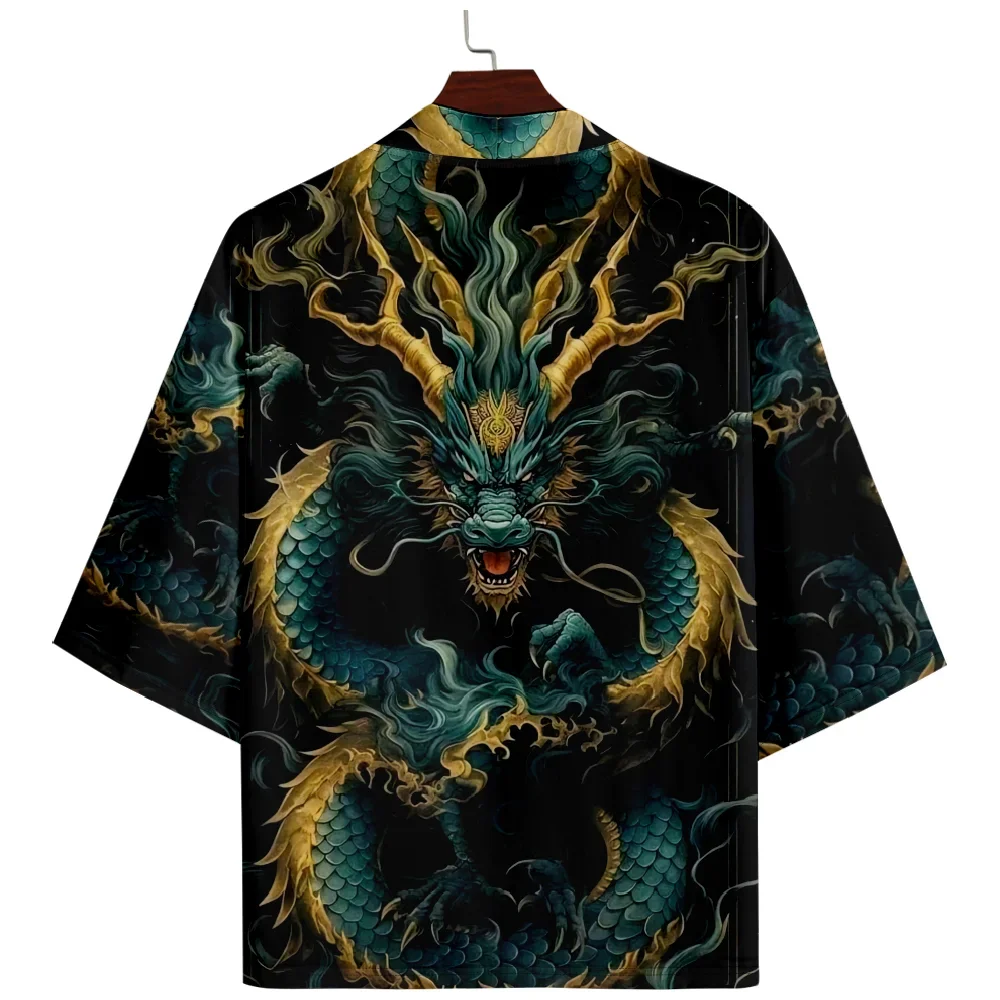 

Oversized Top Black Dragon Print Traditional Kimono Men Women Cosplay Cardigan Yukata Shirt Japanese Samurai Haori
