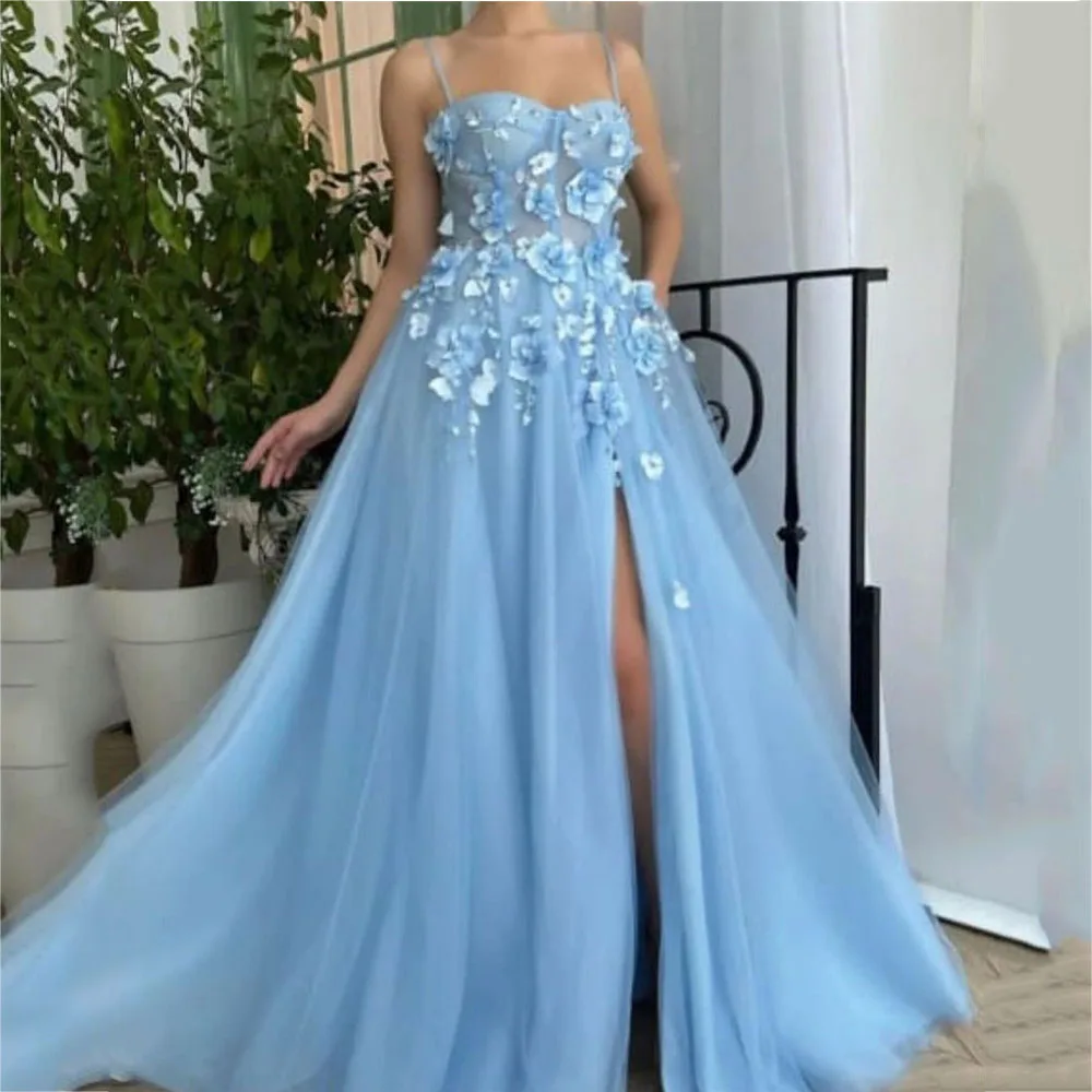

Exquisite Sweetheart Spaghetti Strap Appliques Evening Dresses Slit Flowers Pleats Sleeveless Sweep Train Women Prom Gowns