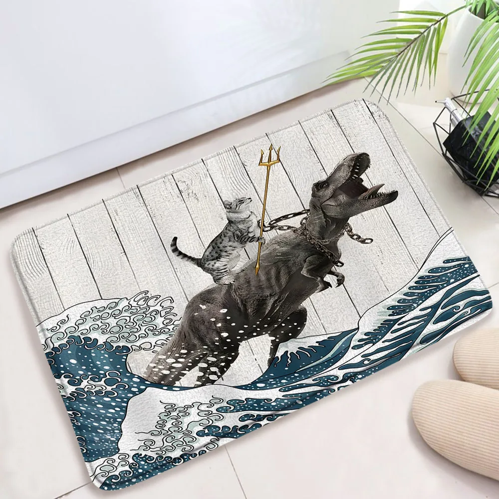 

Funny Cat Rug Cool Cat Dinosaur Japanese Ocean Wave Decor Flannel Doormat Kids Rustic Wooden Foot Mat Carpet Bathroom Decor Mat