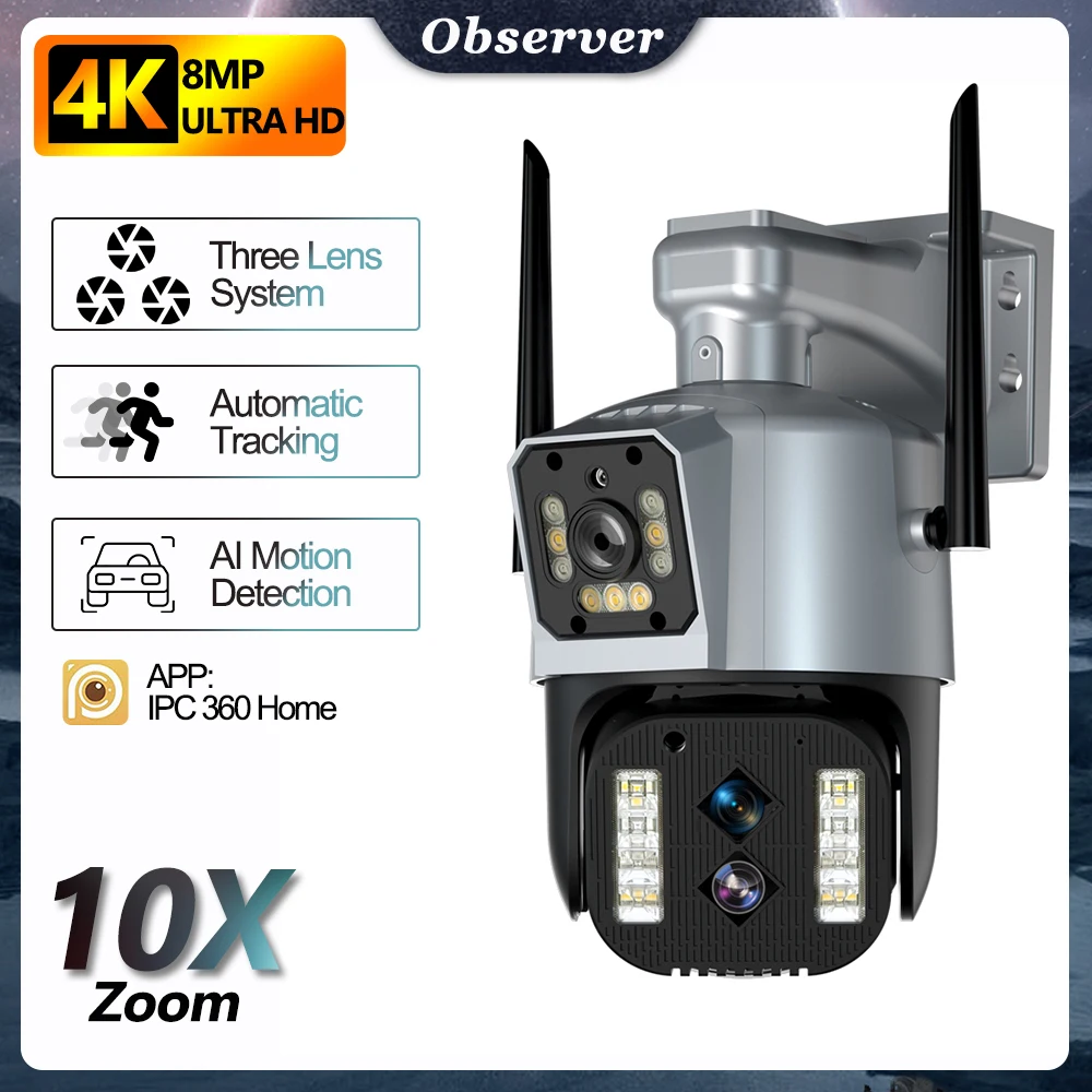 4K 8MP Security Camera Outdoor WIFI 10X Digital Zoom Three Lens CCTV Dual Screen PTZ Surveillance Cameras Auto Tracking IP66 
4K 8MP Security Camera Outdoor WIFI 10X Digital Zoom Three Lens CCTV Dual Screen PTZ Surveillance Cameras Auto Tracking IP66