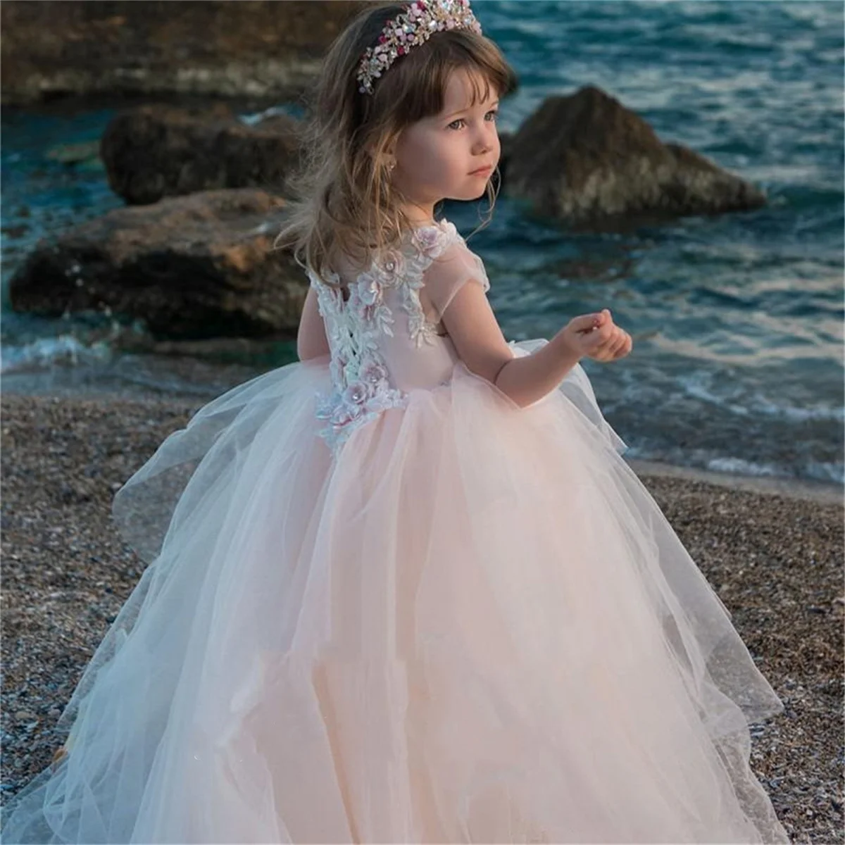

Цветочное платье для девочки, розовое Пышное Тюлевое кружевное свадебное платье с аппликацией, милый цветок, детское платье для первого эухаристического дня рождения, подарок для девочки