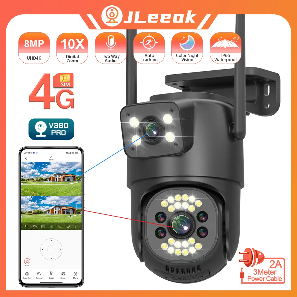 

Камера Наружного видеонаблюдения JLeeok V380 PRO 4K 8 МП 4G с двойным объективом, PTZ-камера с ИИ-датчиком присутствия, Wi-Fi, IP-камера видеонаблюдения