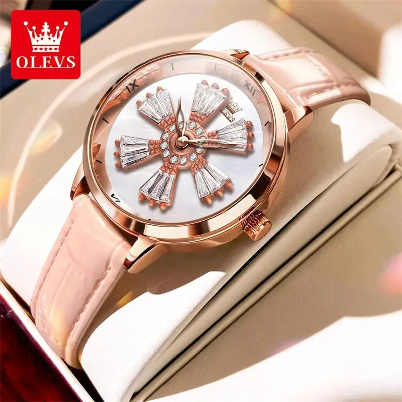 

OLEVS 5579 New In Rotation Dial Quartz Watch for Women Leather Strap Fashion Elegant Ladies Wristwatches Luxury Girls Dress Set