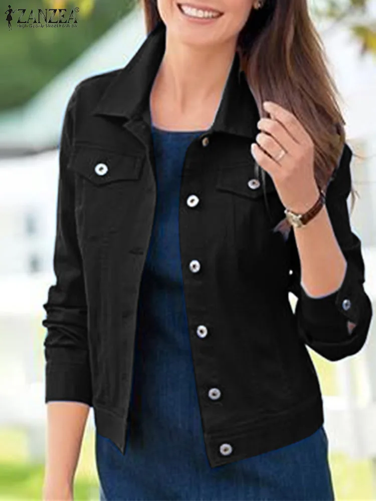 

Женская джинсовая короткая куртка, весна 2024, пальто с длинным рукавом ZANZEA, винтажная офисная укороченная верхняя одежда, модные куртки с лацканами, уличная одежда