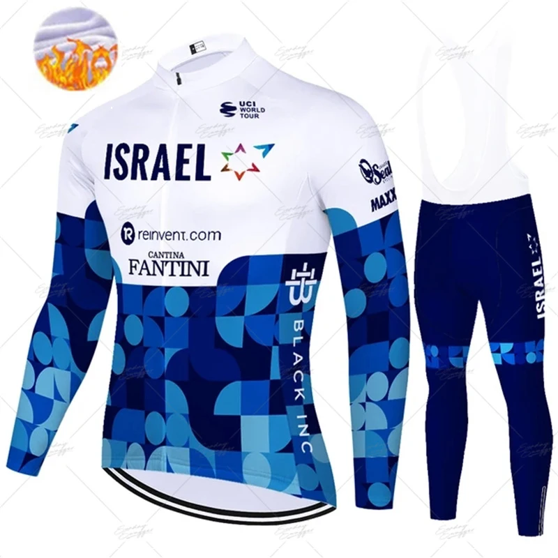 

2024 Team ISRAEL Winter Cycling set Thermal Fleece Cycling jersey ciclismo Men Jersey Suit Outdoor 9D Gel Pad Bike Bib Pants