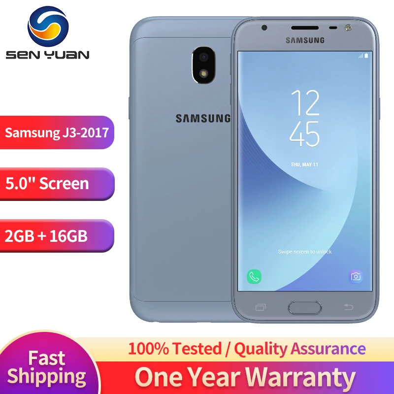

Unlocked Original Samsung Galaxy J3 (2017) J330F 4G Mobile Phone Dual SIM 5.0'' 2GB RAM 16GB ROM 13MP+5MP Quad Core CellPhone