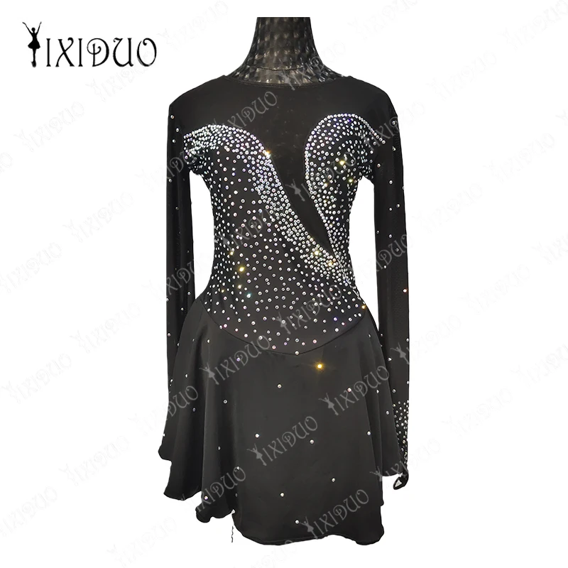 

Performance Figure Skating Dress High Elasticity Long Sleeve Women Girls Black Ice Skating Skirt Dance Wear Handmade Rhinestones