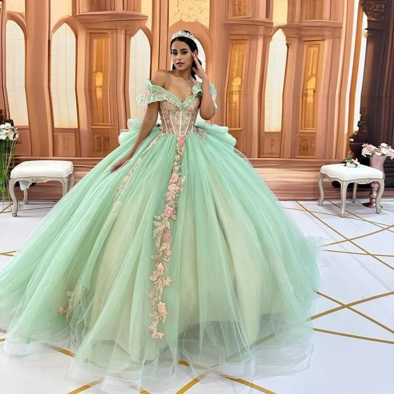 Sage Green Shinning 3DFlowers Appliques Tull Corset Off The Shoulder Quinceanera Dresses Ball Gown Princess Party Dress vestidos
Sage Green Shinning 3DFlowers Appliques Tull Corset Off The Shoulder Quinceanera Dresses Ball Gown Princess Party Dress vestidos