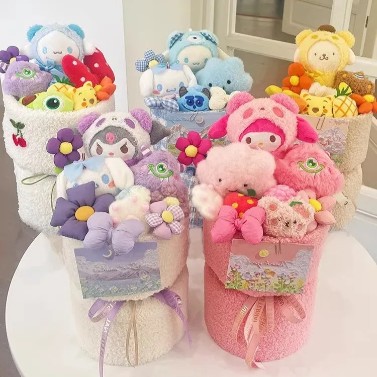 

Мультяшный плюшевый цветочный букет Sanrio Melody Kuromi, рулон корицы, пушистая мягкая плюшевая игрушка, милая модель для украшения комнаты, подарки для девушек