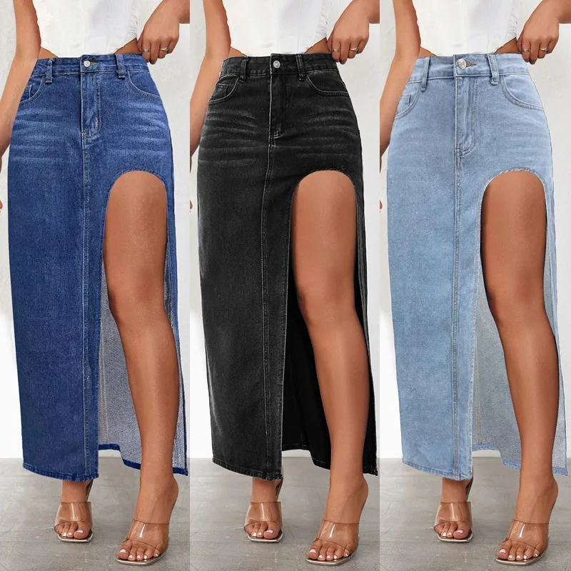 

Women Split Denim Skirt Low Waist Distressed Bodycon Wrapped Long Jeans Skirt Y2k Sexy Vintage Casual Skirts Streetwear