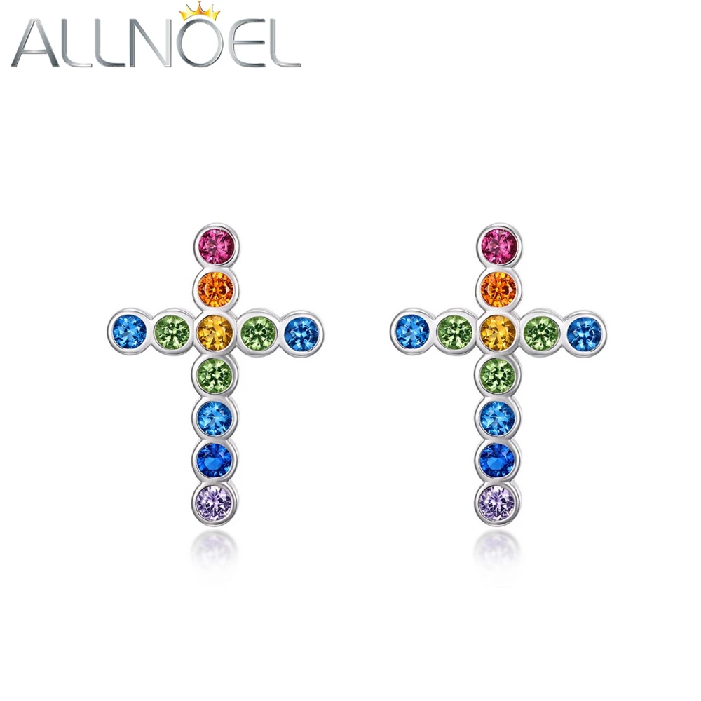 

ALLNOEL Solid 925 Sterling Silver Stud Earrings for Women 2.2*2.2mm Zircon Unique Trendy Rainbow Cross Birthday Jewelry Gifts