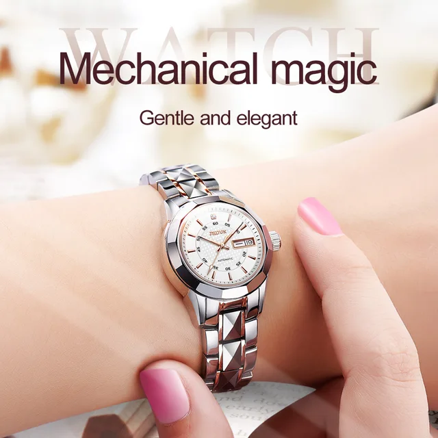 JSDUN-Montre mécanique automatique pour femme avec bande en acier au tungstène, montres originales pour femme, semaine du calendrier, marque de luxe, mode 1