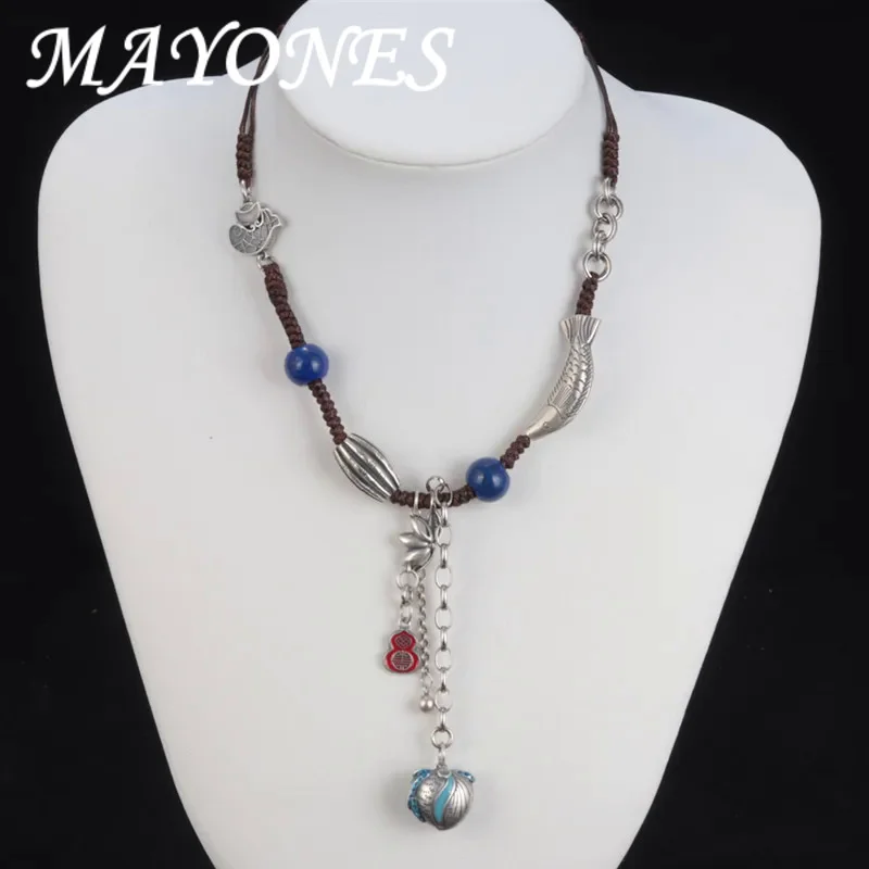 

MAYONES Original Design 925 Sterling Silver Long Tassel Sweater Chain Vintage Fish Lapis Lazuli Beaded Peach Pendant Necklace Fo