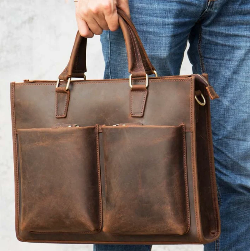 

European and American retro crazy horse leather men's briefcase men's bag large capacity laptop bag genuine leather business han