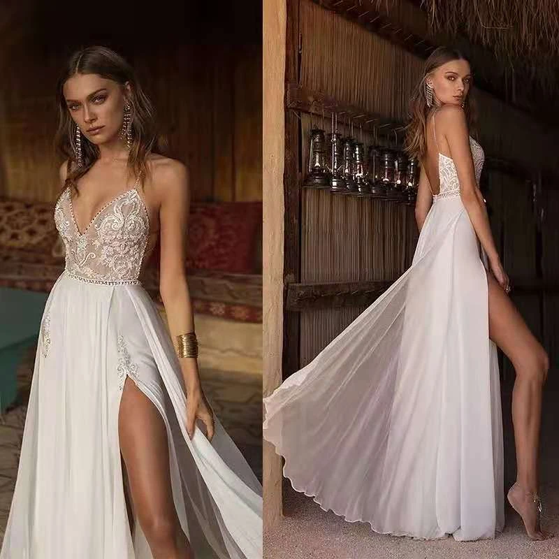 

Boho Wedding Dress Sexy Slit Beach Wedding Dress V Neck Bridal Gown Spaghetti Strap Chiffon Backless Vestido De Noiva Brautkleid