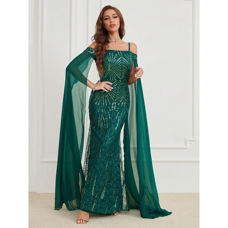 

YEAE Cold Shoulder Long Sleeve Embroidered Sequins Formal Dresses Women's One Shoulder Halter Extra Long Dresses Evening Gowns