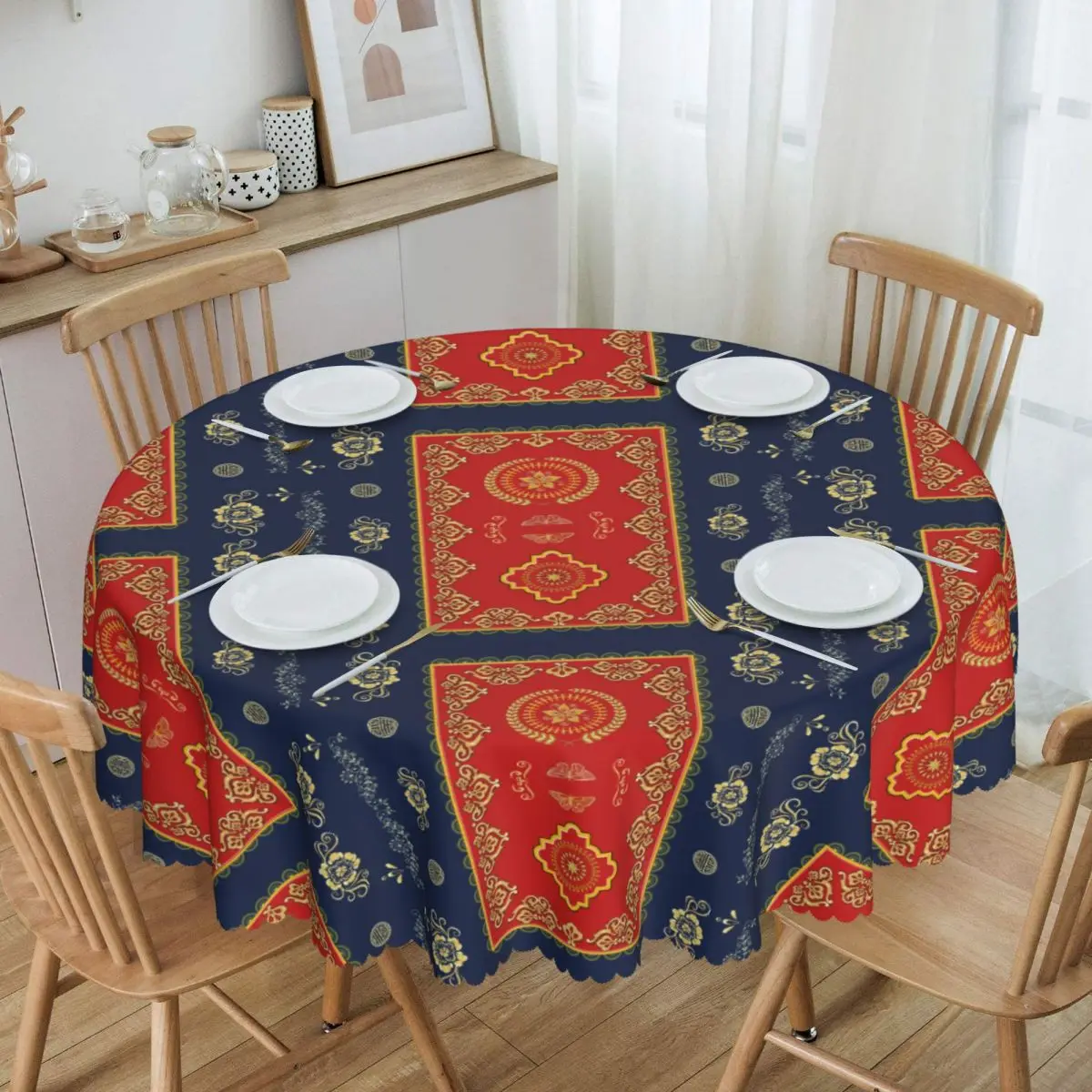 

Round Tablecloth Tablecloth 60 inches Kitchen Dinning Table Cloth Waterproof Bohemian Rug Ethnic Tribal Style Table Cover