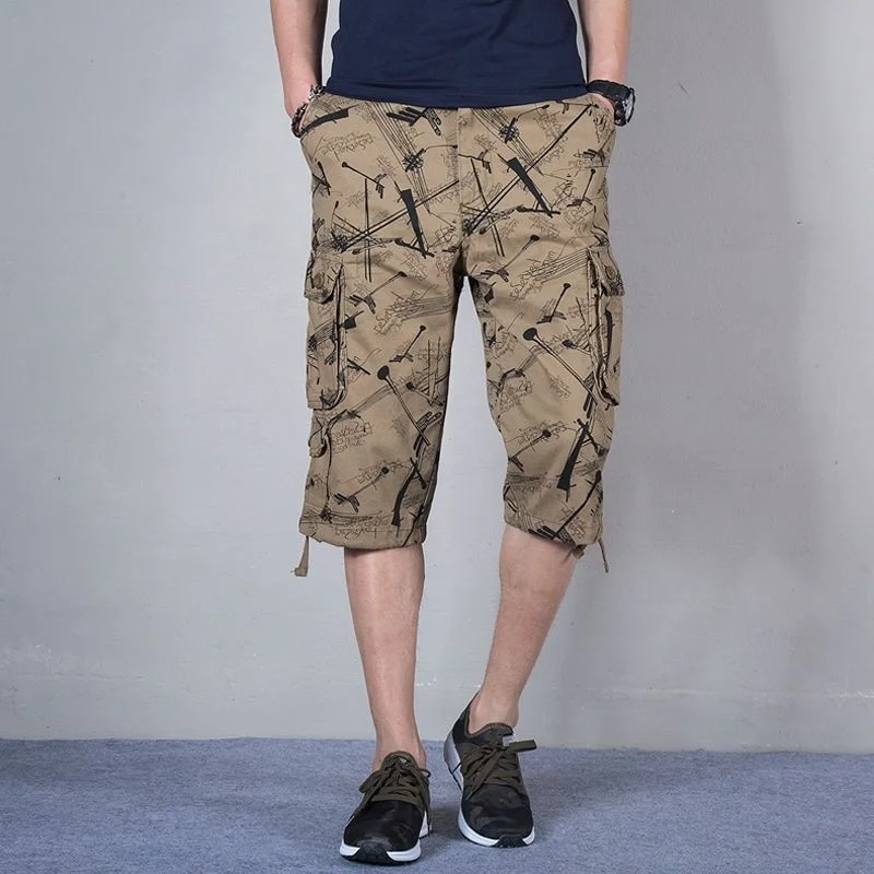 

Casual Cotton Long Length Cargo Shorts Men Summer Camouflage Cropped Trousers Multi-Pocket Hip Hop Breeches Military Army