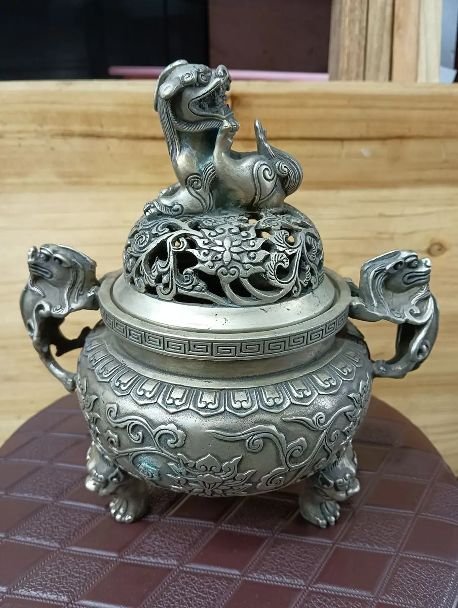

Vintage Tibetan Silver Censer Incense Burner Foo Dog Cover Lucky Beast On Both Signed Bottom