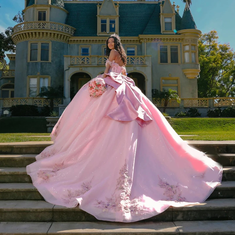 

Luxury Pink Shiny Sweetheart Quinceanera Evening Dress 2024 Flowers Beaded Ball Gown Floor Length Sweep Train Bow Prom Dress