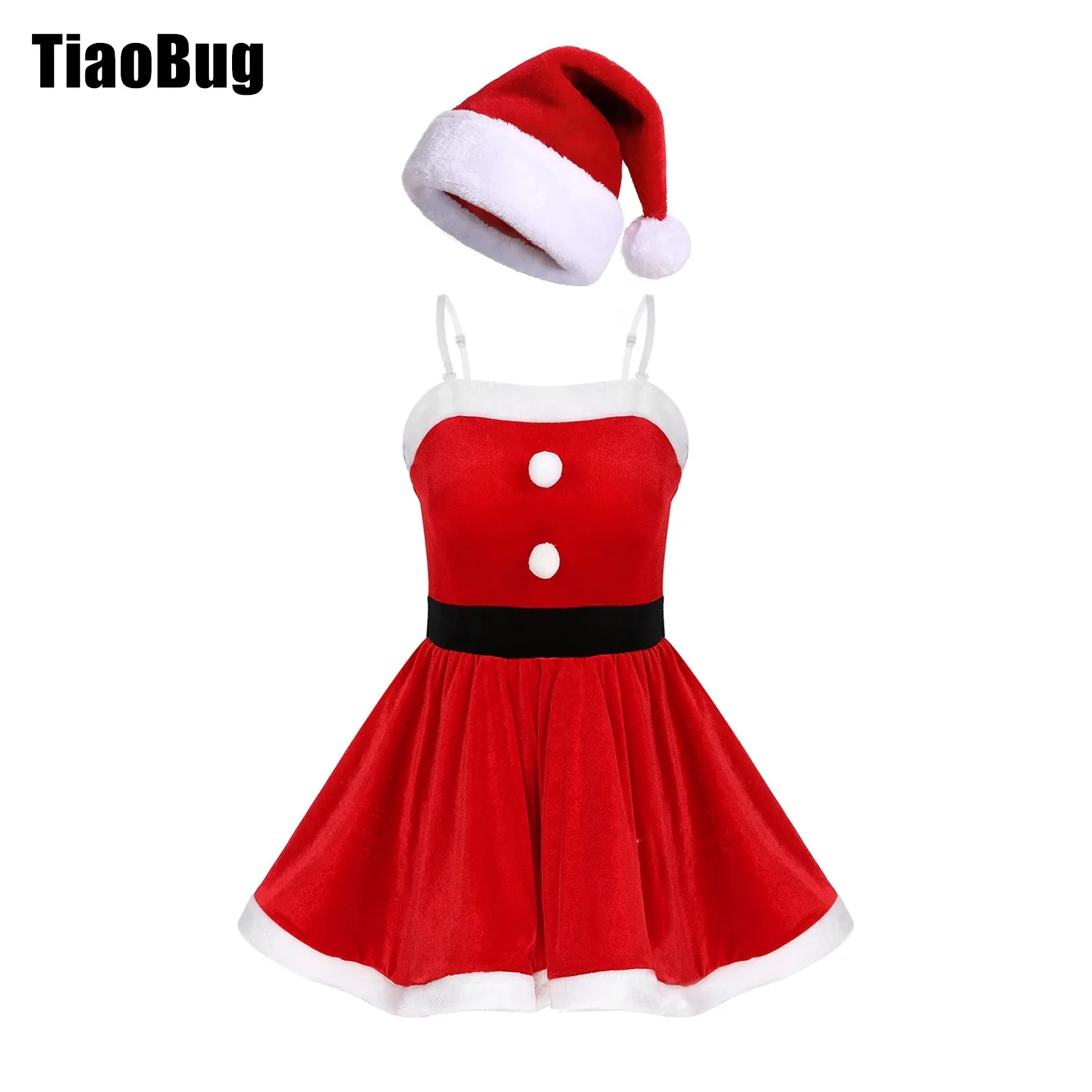 

Womens Christmas Theme Costume Set Adjustable Transparent Strap Faux Fur Trim Layered Flared Dress with 1Pc Santa Claus Hat