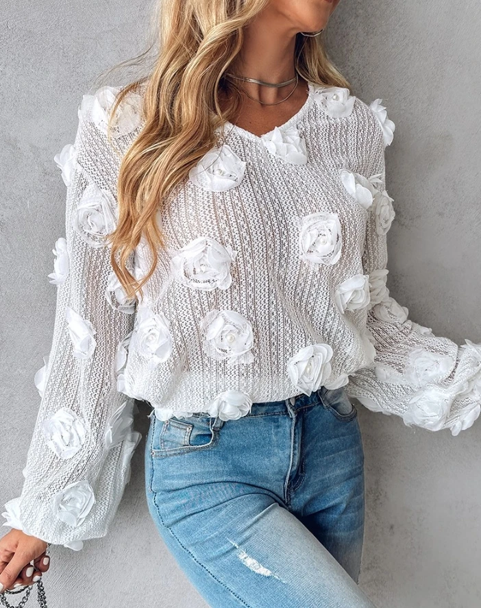 

Hot Selling Blouses for Women 2024 Spring Summer Fahsion Floral Pattern Beaded Long Sleeve V-Neck Solid Color Pullover Tee Top