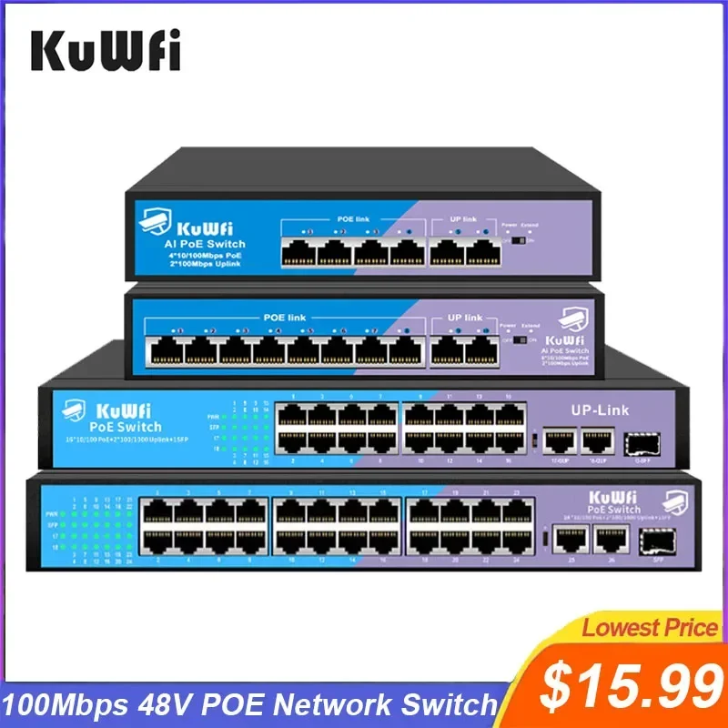 

KuWfi 48V POE Switch 4/8/16/24 Port 100Mbps POE Ethernet Switch Fast RJ45 Network Switch with SFP Uplink Port For IP Camera AP