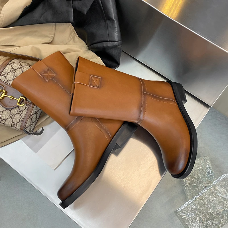 New Women Leather Chunky Heels Mid-calf Boots Designer ZA Fashion Autumn Winter Round Toe Flat Slip-on Knight Boots Botas Mujer
New Women Leather Chunky Heels Mid-calf Boots Designer ZA Fashion Autumn Winter Round Toe Flat Slip-on Knight Boots Botas Mujer