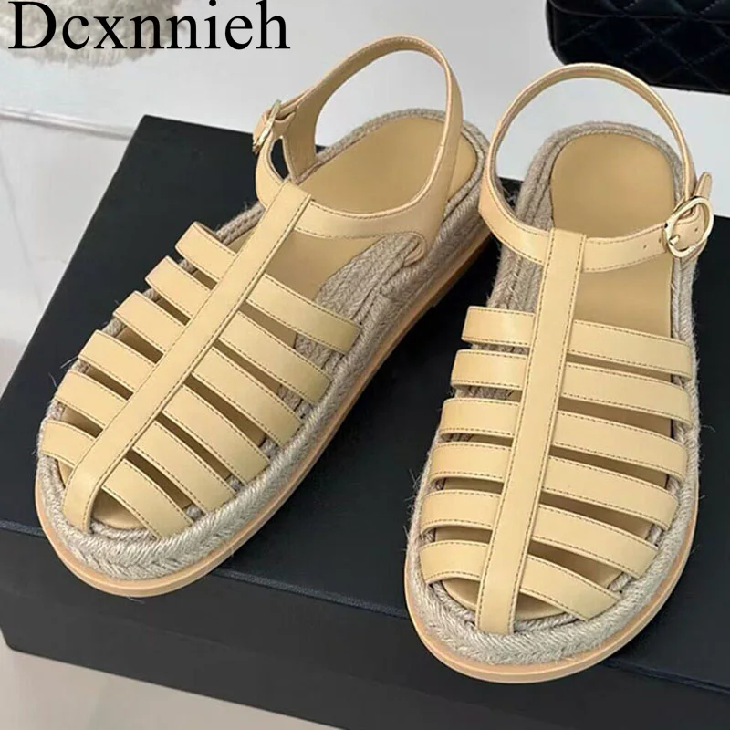 

New Genuine Leather Hemp Rrope Braid Flat Sandalisa Women Closed Toe Hollow Out Rome Sandals Summer Seaside Vacation Beach Shoes